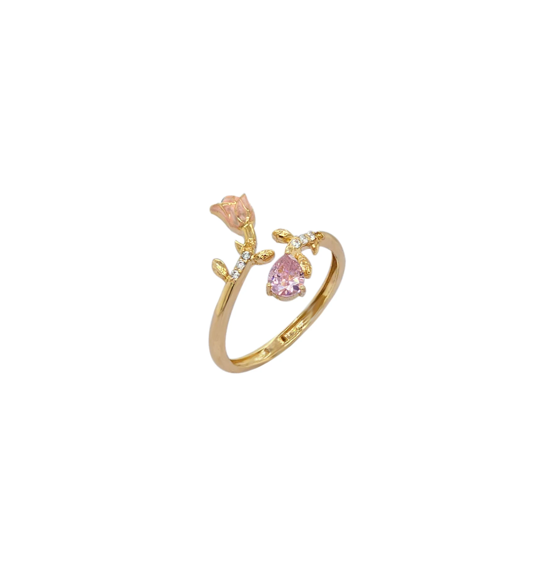 NATURA RING WITH PINK ENAMEL FLOWER AND PINK PEAR CUT CZ