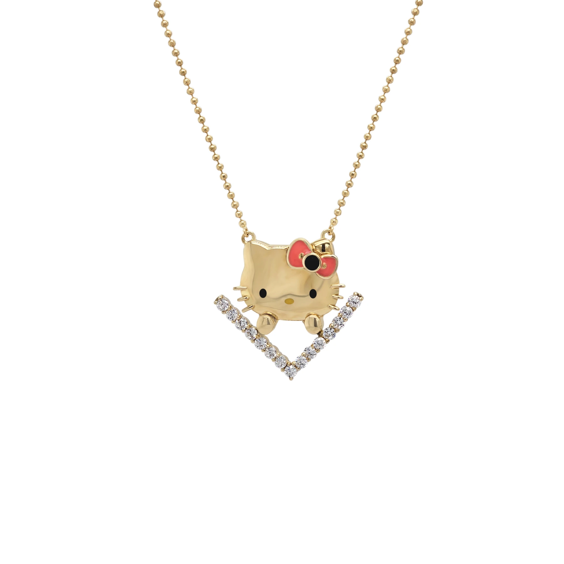 HELLO KITTY FACE NECKLACE ON V STONE BASE WITH RED AND BLACK BOW