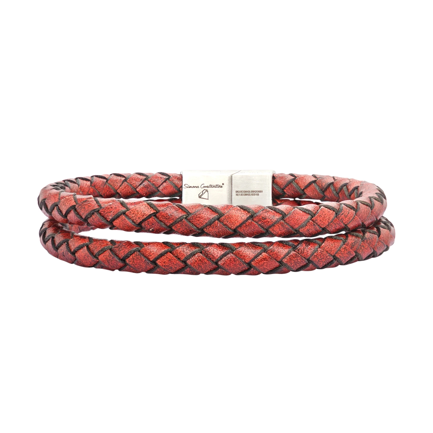 GENT'S LEATHER STRAP RED TWO LINE BRACELET WITH DIAMOND AND STEEL CLASP