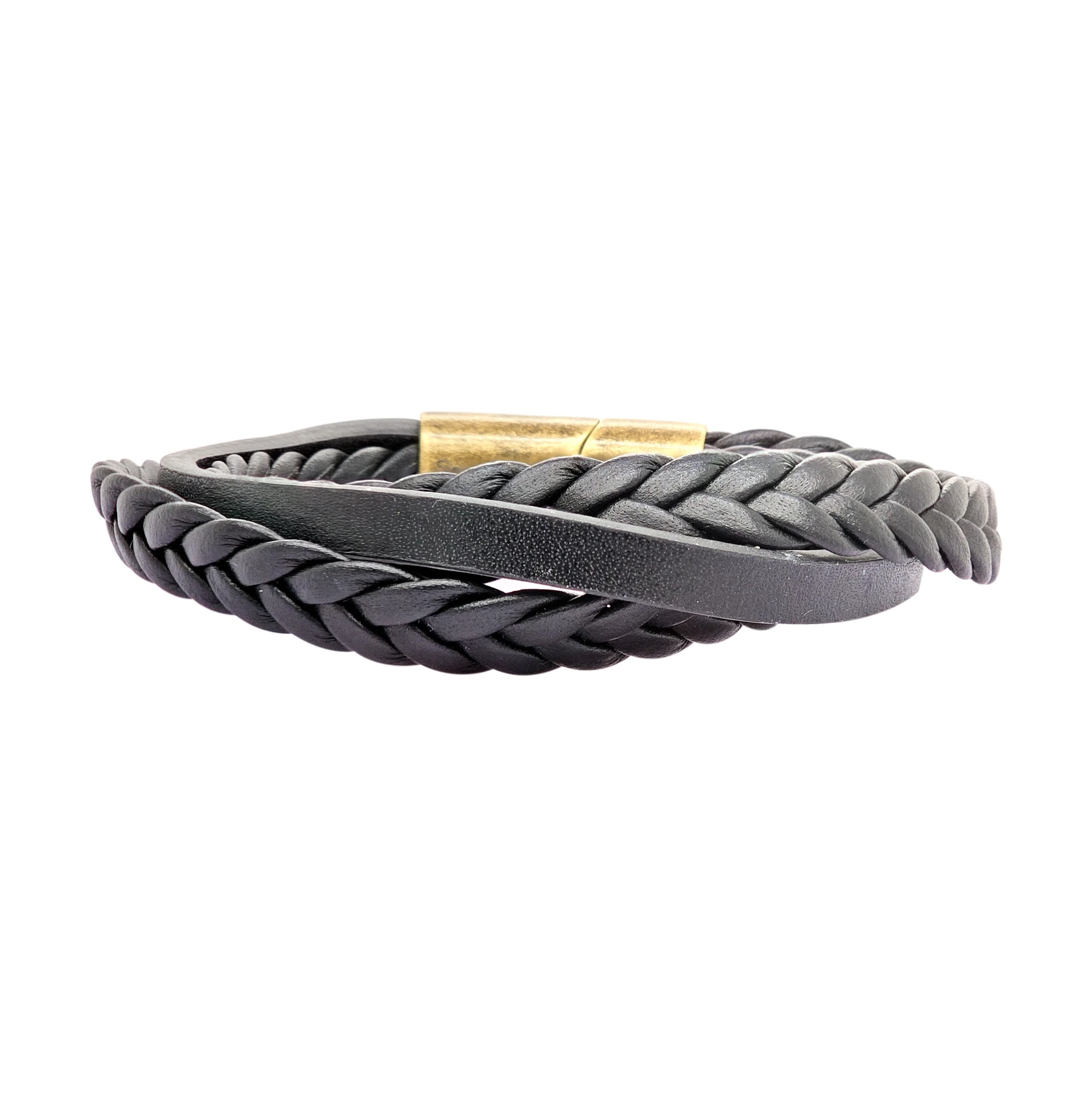 GENT'S LEATHER STRAP BLACK 3 LINE BRACELET WITH DIAMOND AND BRONZE CLASP