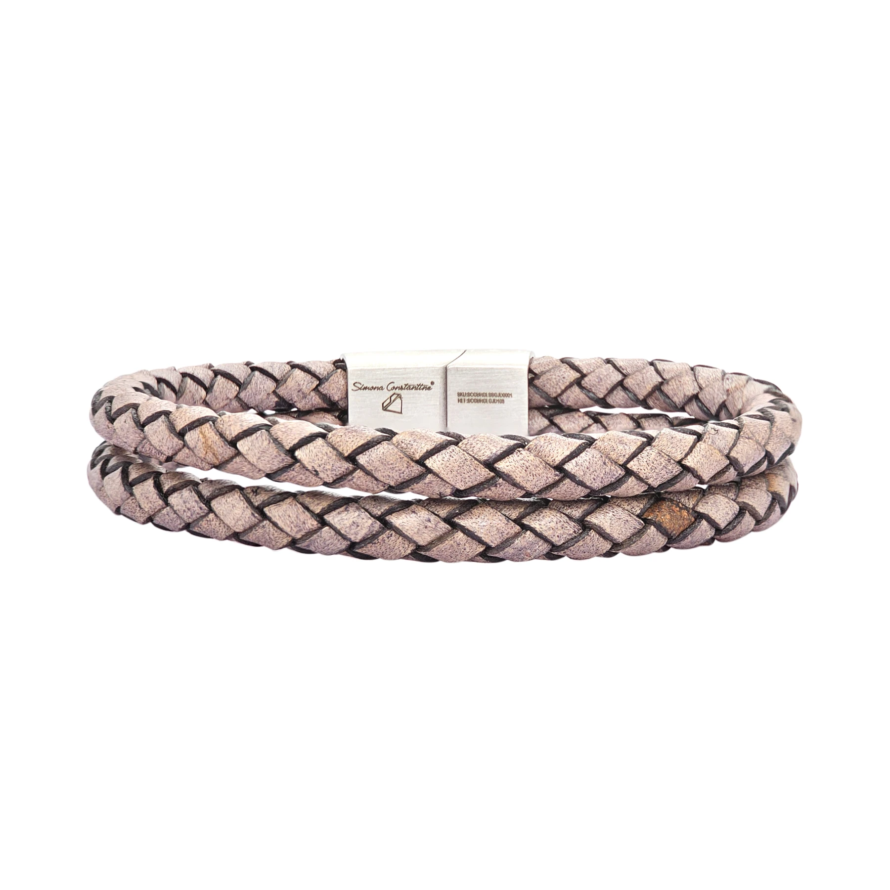 GENT'S LEATHER STRAP GRAY 2 LINE BRACELET WITH DIAMOND AND STEEL CLASP