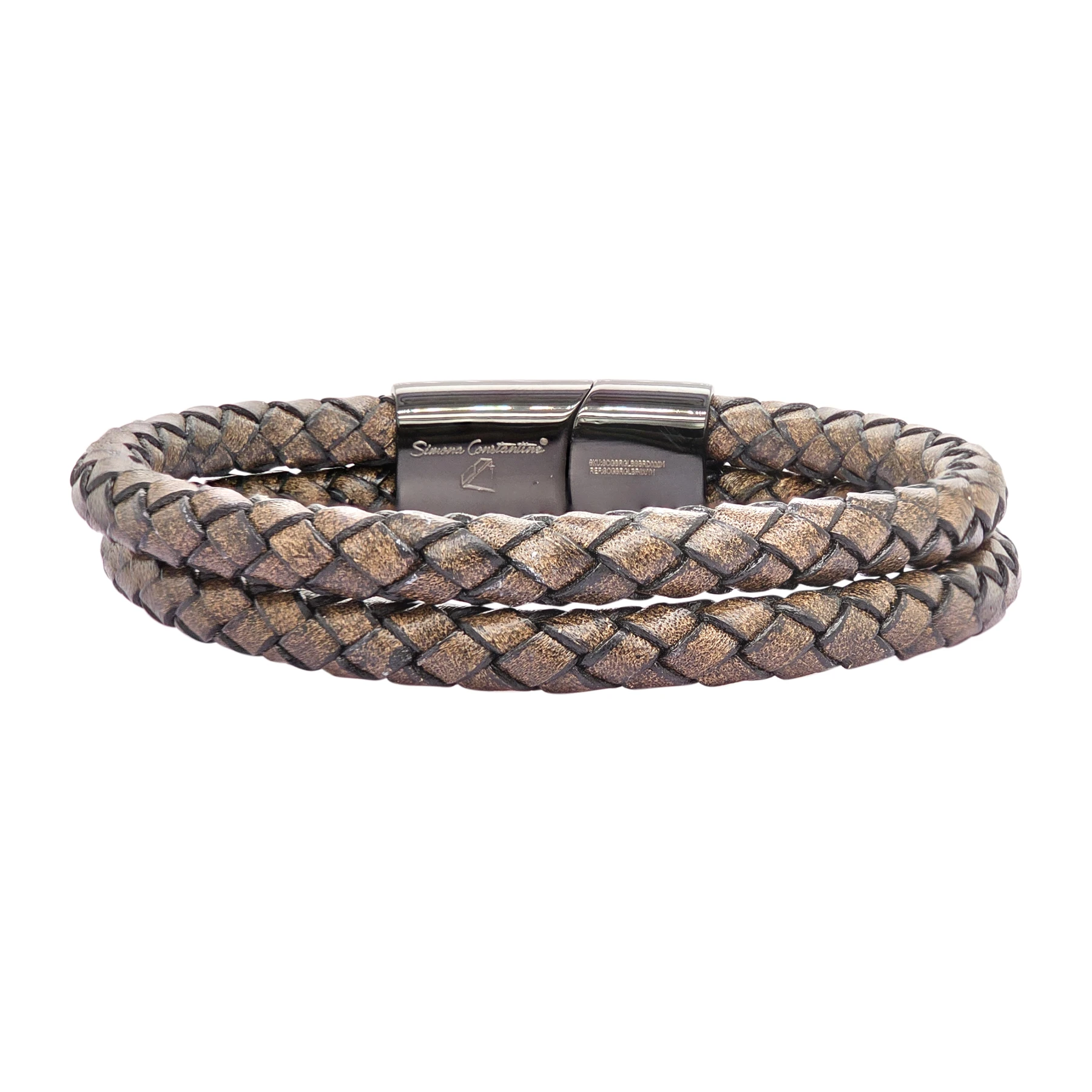 GENT'S LEATHER STRAP BROWN 2 LINE BRACELET WITH DIAMOND AND BLACK CLASP