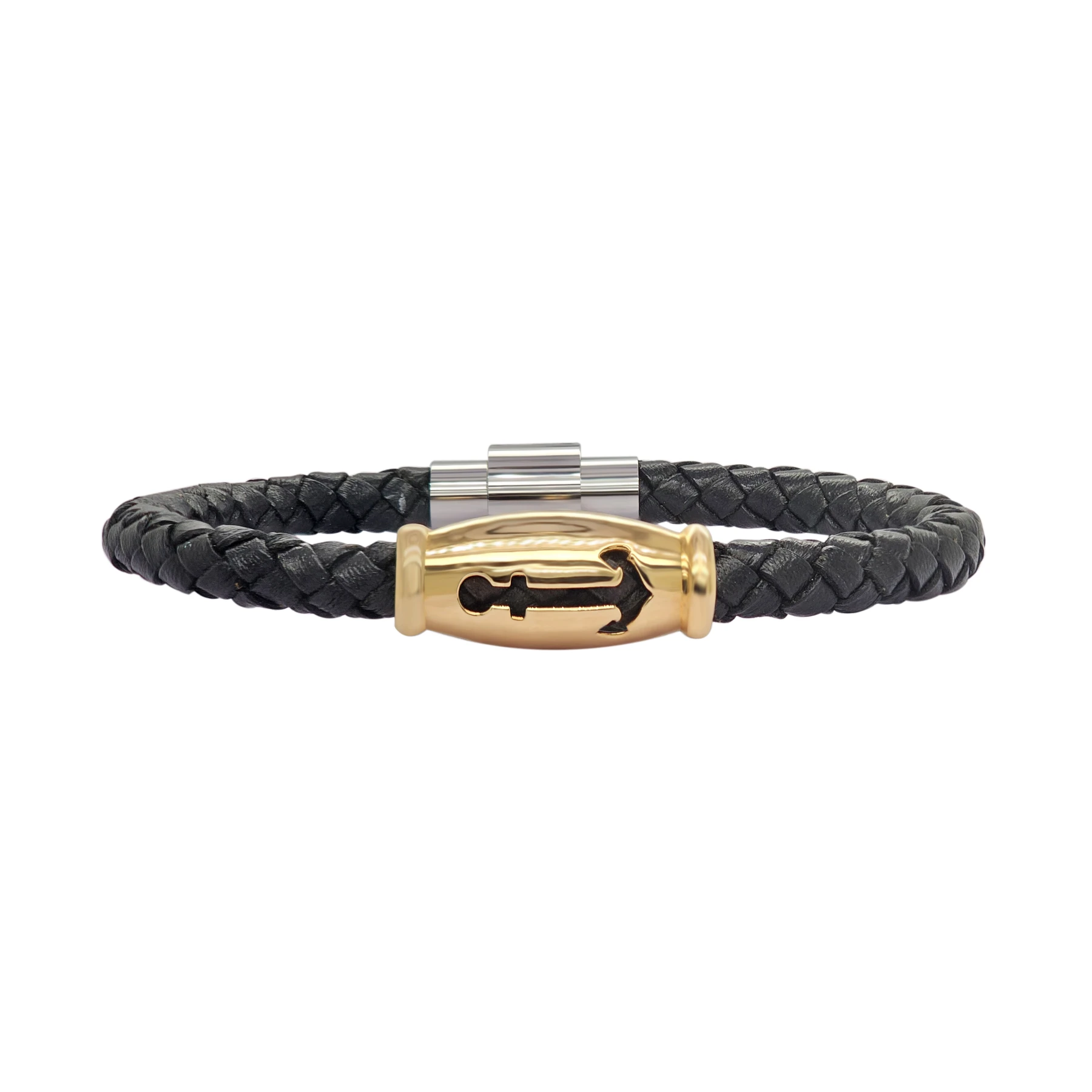 GENTS LEATHER AND GOLD BRACELET ANCHOR CUT