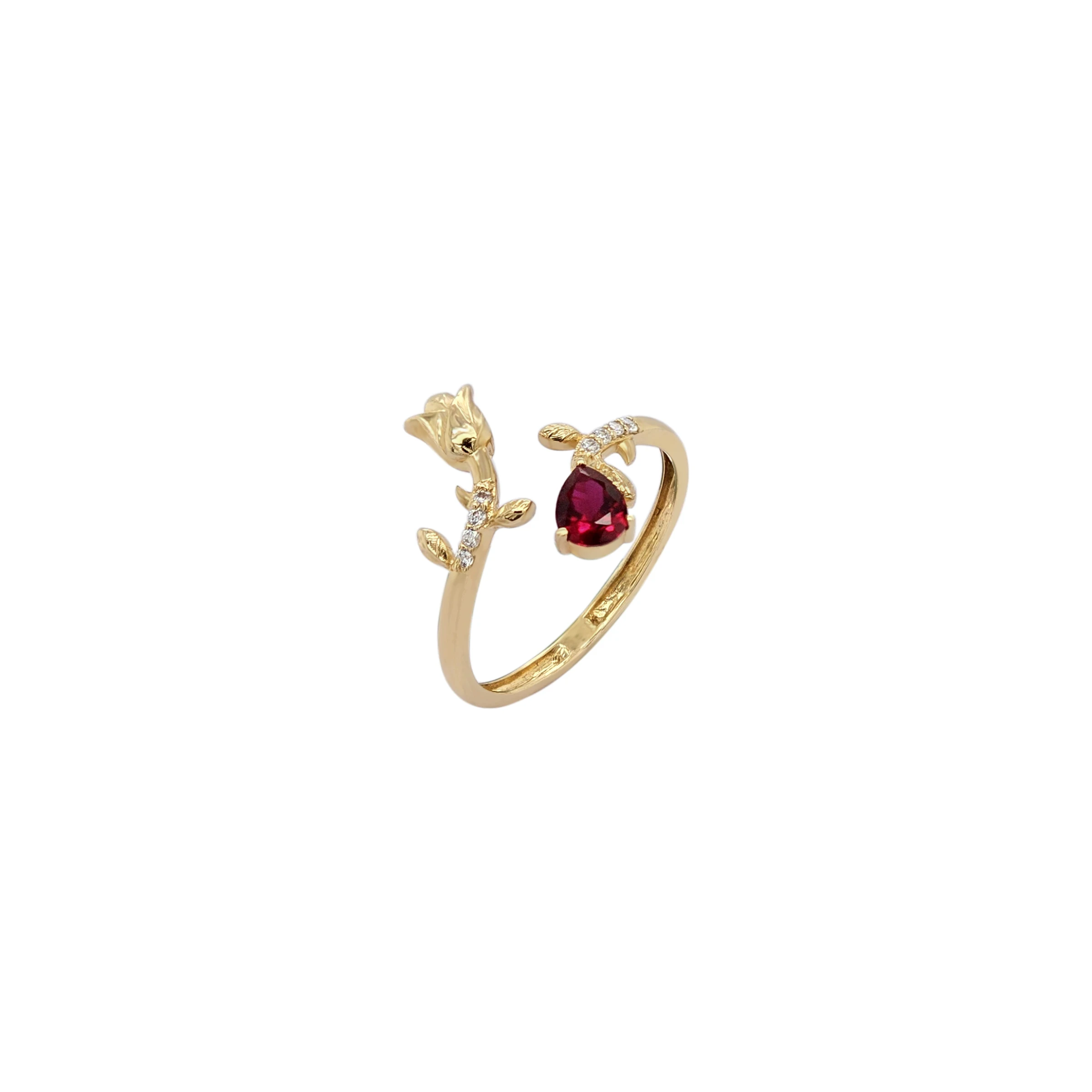 NATURA RING WITH GOLD FLOWER AND RED PEAR CUT CZ
