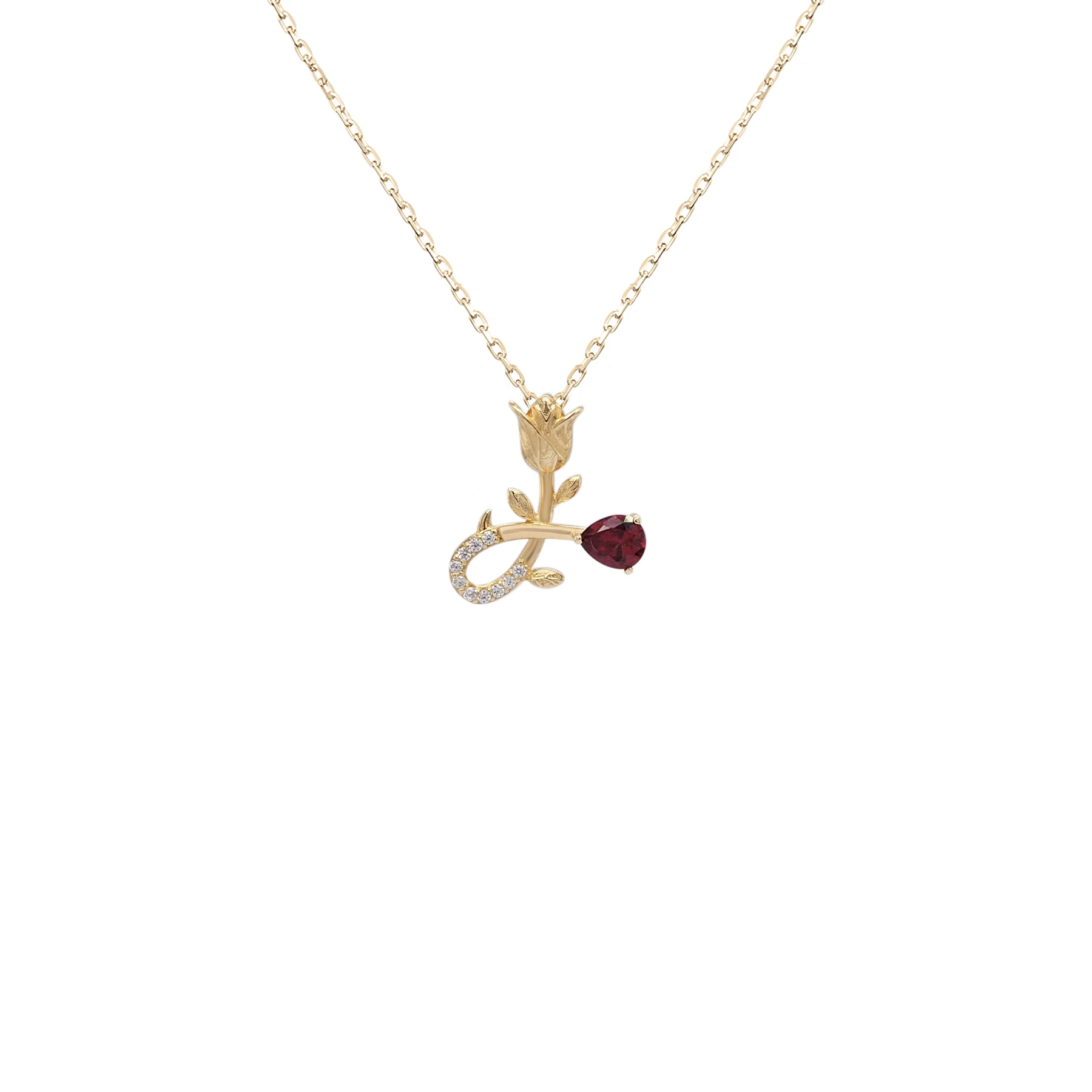 NATURA NECKLACE WITH GOLD FLOWER AND RED PEAR CUT CZ