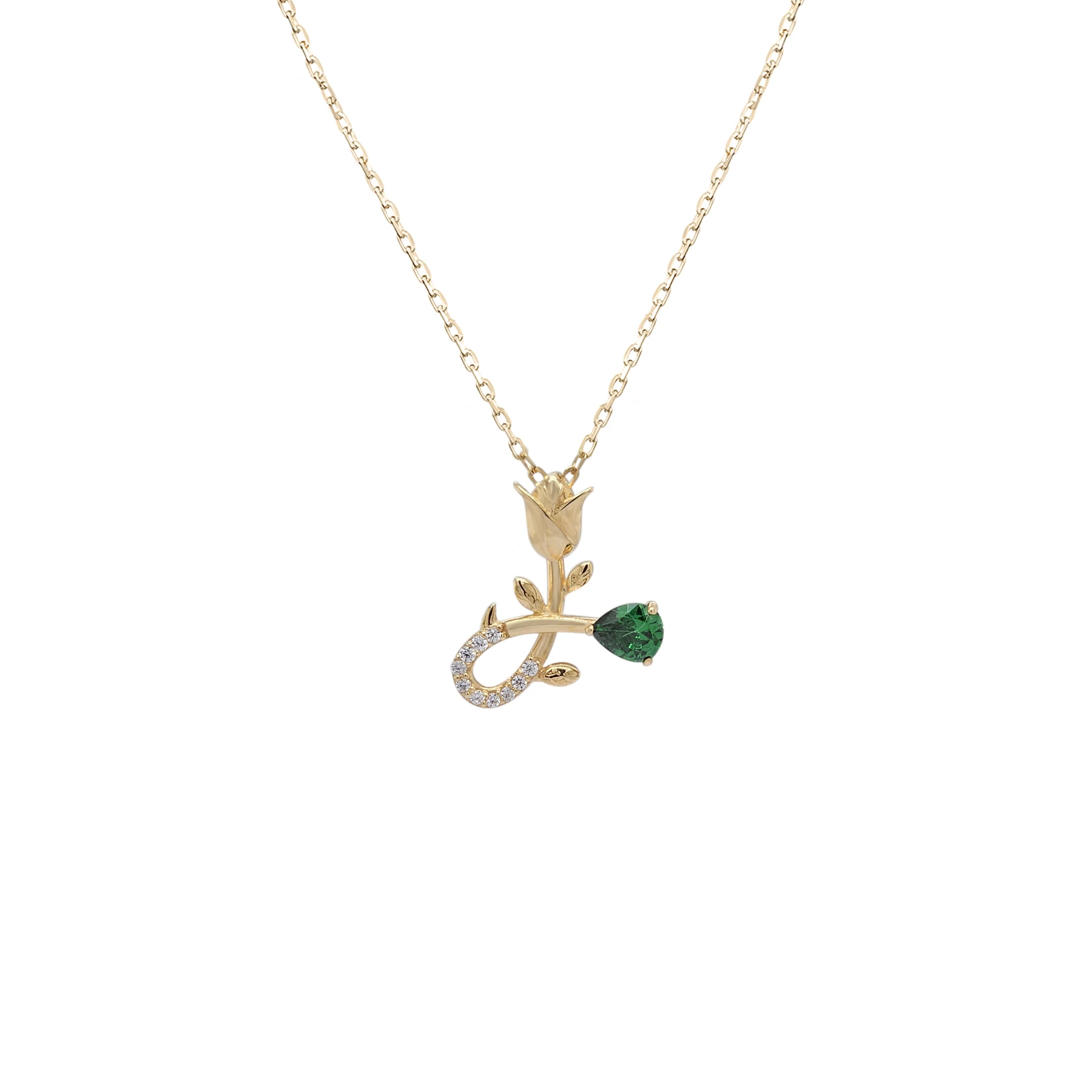 NATURA NECKLACE WITH GOLD FLOWER AND GREEN PEAR CUT CZ