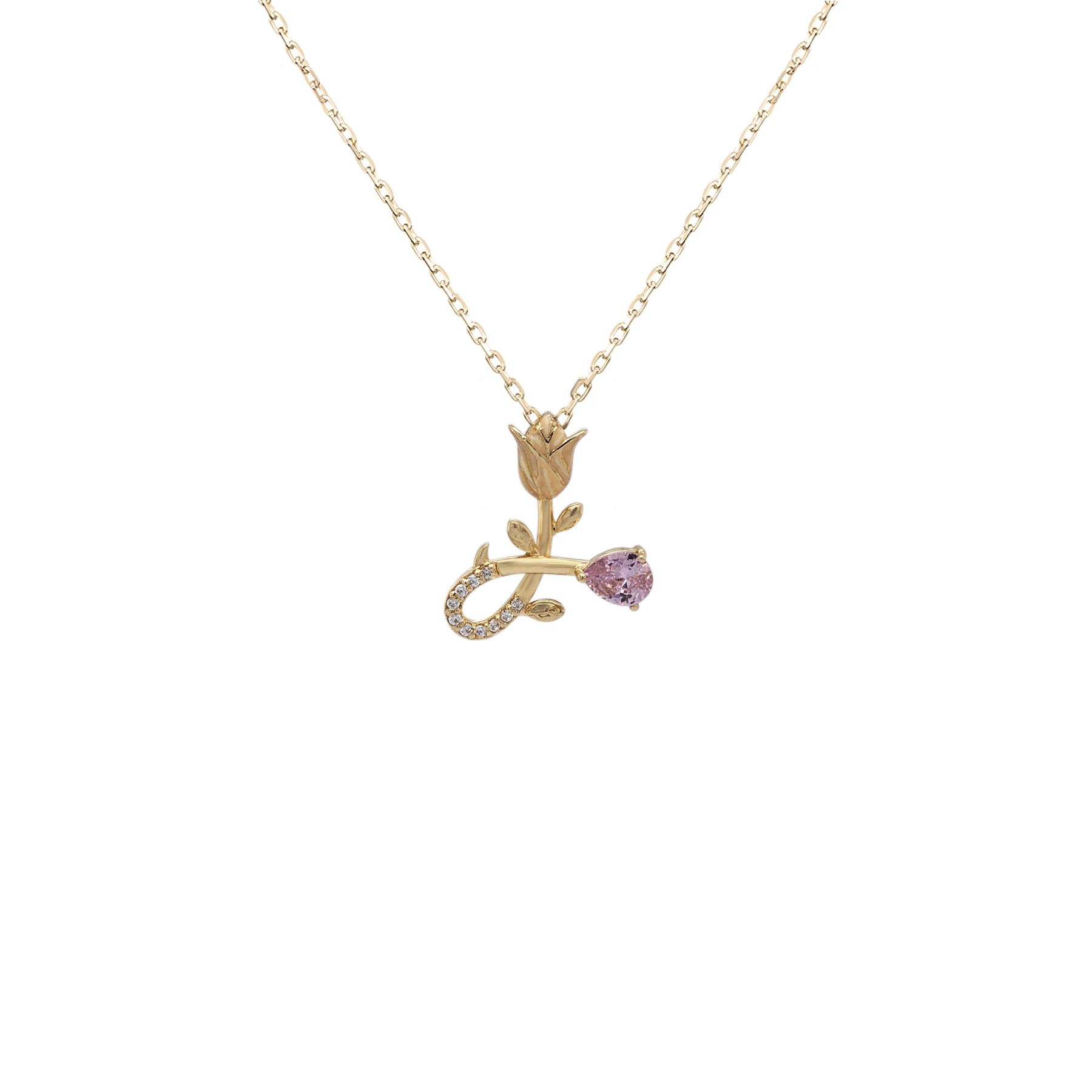 NATURA NECKLACE WITH GOLD FLOWER AND PINK PEAR CUT CZ