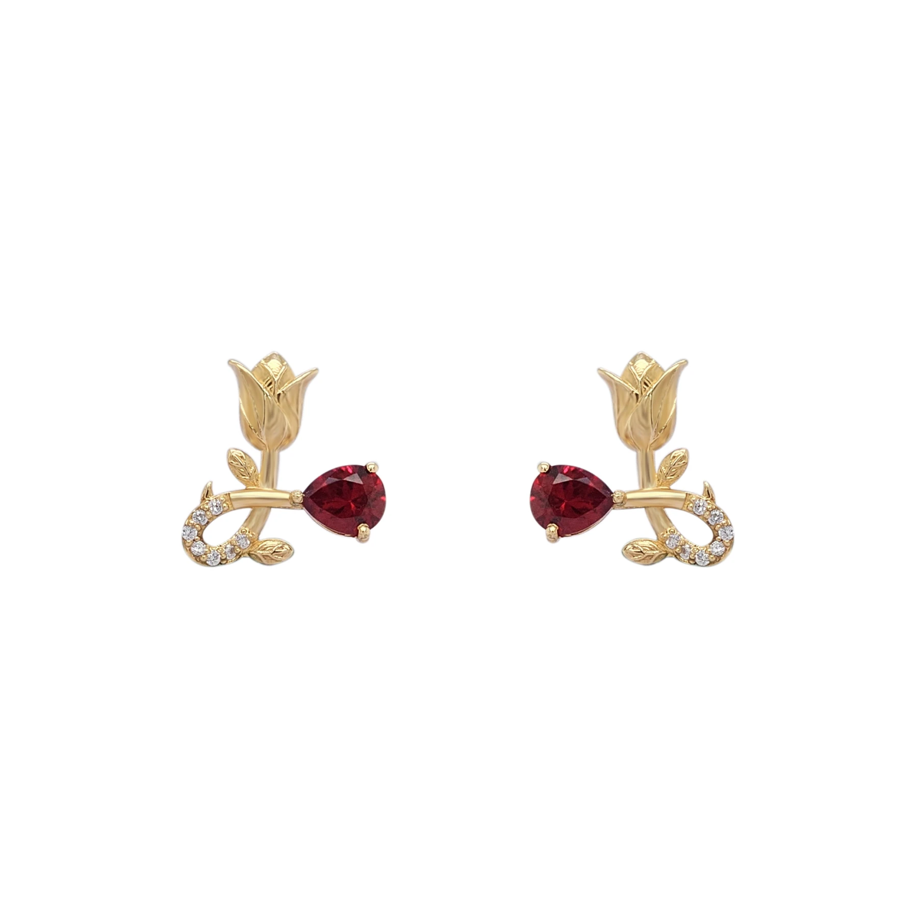 NATURA EARRINGS WITH GOLD FLOWER AND RED PEAR CUT CZ