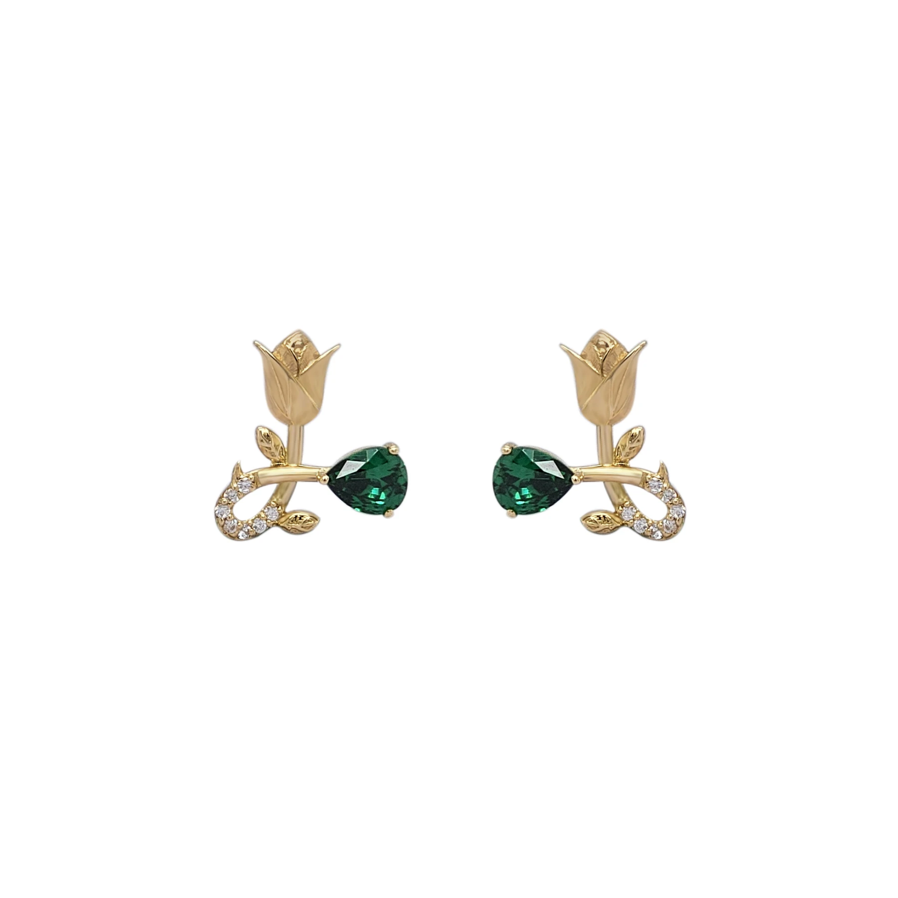 NATURA EARRINGS WITH GOLD FLOWER AND GREEN PEAR CUT CZ
