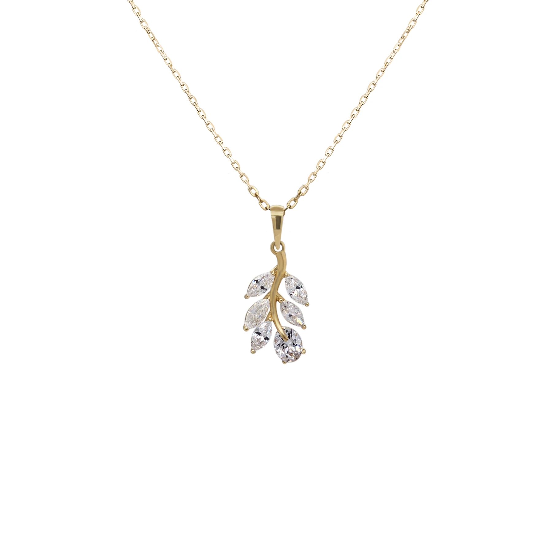 NATURA NECKLACE WITH LEAFY BRANCH WHITE STONE PENDANT