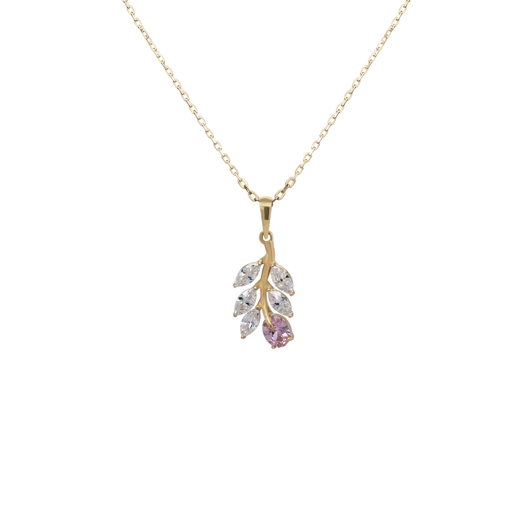 NATURA NECKLACE WITH LEAFY BRANCH WHITE AND PINK STONE PENDANT