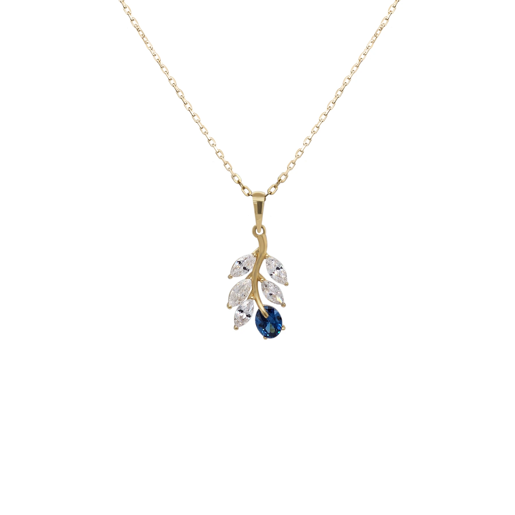 NATURA NECKLACE WITH LEAFY BRANCH WHITE AND BLUE STONE PENDANT