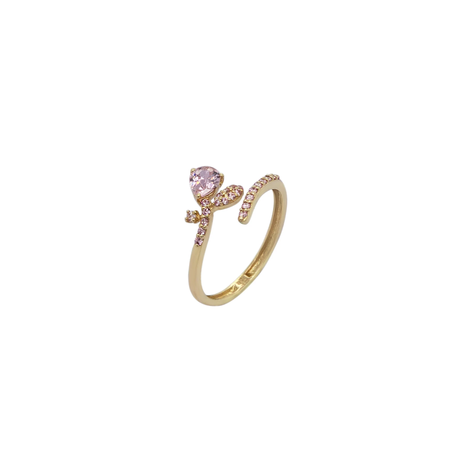 NATURA RING LEAFY BRANCH WITH ONE PEAR-SHAPED AND TINY PINK STONES