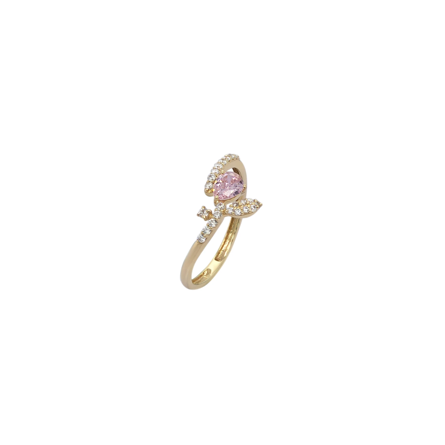 NATURA RING LEAFY BRANCH WITH ONE PINK PEAR-SHAPED AND TINY WHITE STONES