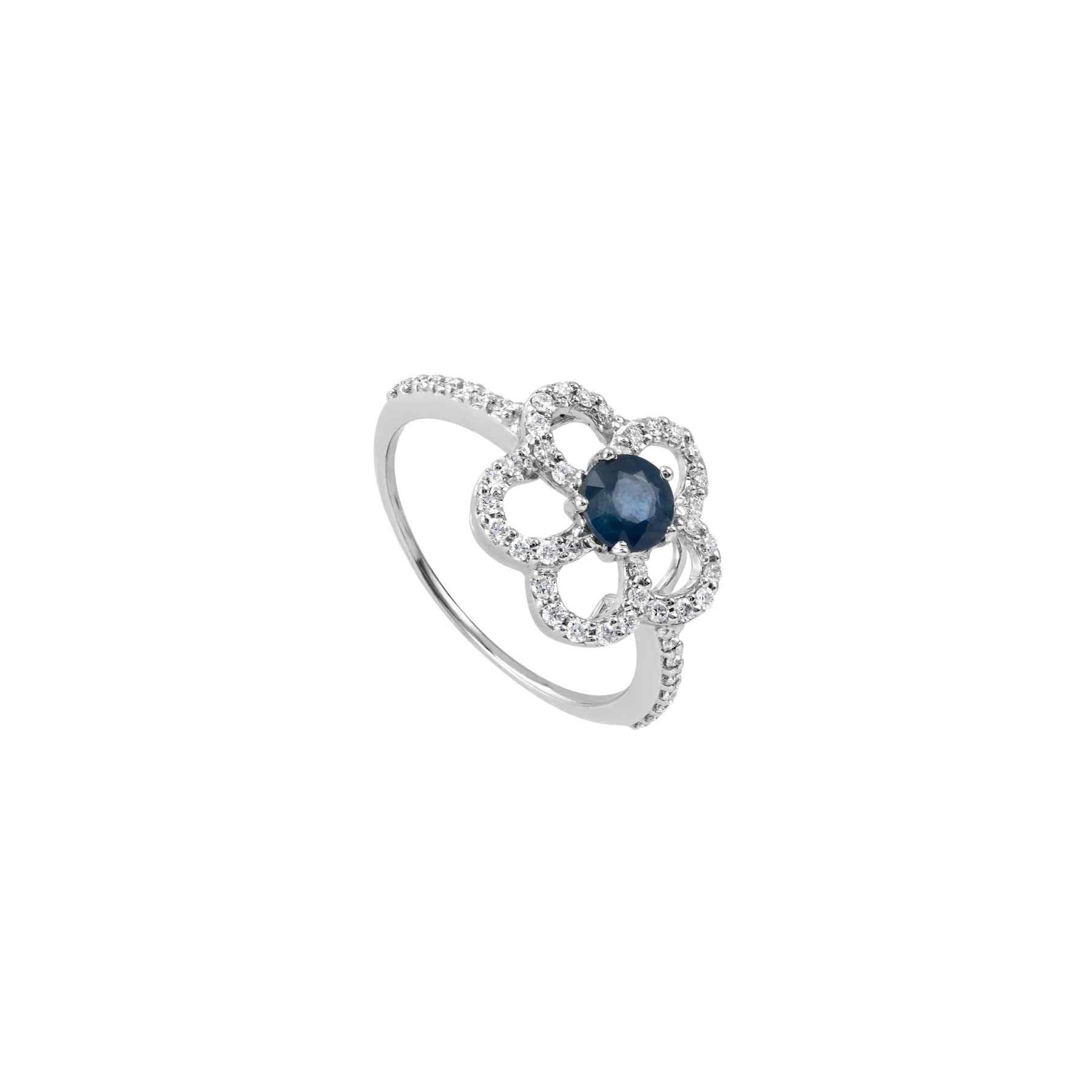 DIAMOND FLOWER RING WITH BLUE SAPHIRE