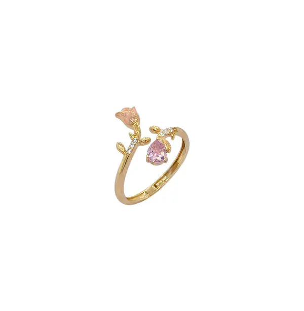 NATURA RING WITH PINK ENAMEL FLOWER AND PINK PEAR CUT CZ