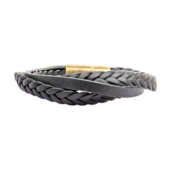GENT'S LEATHER STRAP BLACK 3 LINE BRACELET WITH DIAMOND AND BRONZE CLASP