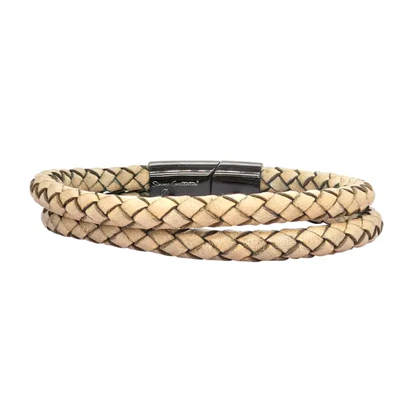 GENT'S LEATHER STRAP BEIGE 2 LINE BRACELET WITH DIAMOND AND BLACK CLASP