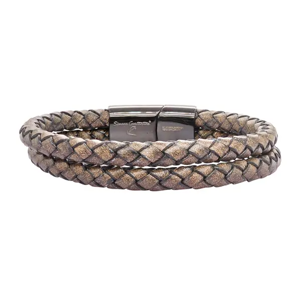 GENT'S LEATHER STRAP BROWN 2 LINE BRACELET WITH DIAMOND AND BLACK CLASP