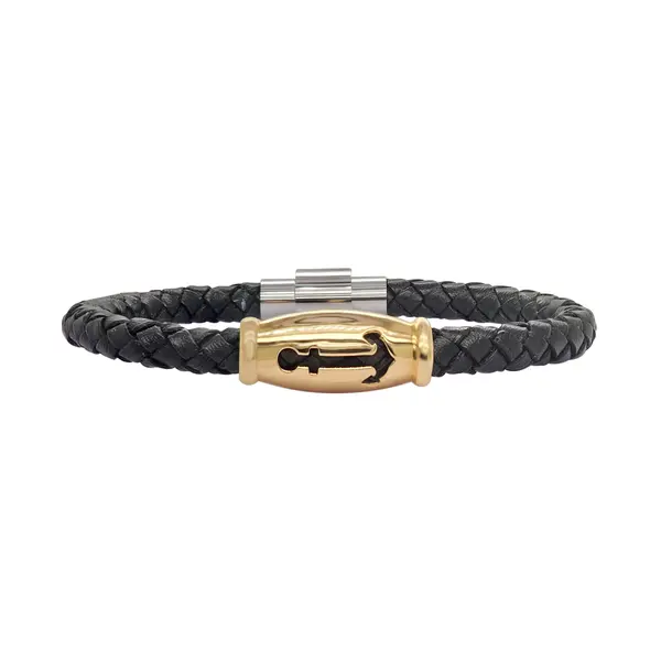 GENTS LEATHER AND GOLD BRACELET ANCHOR CUT