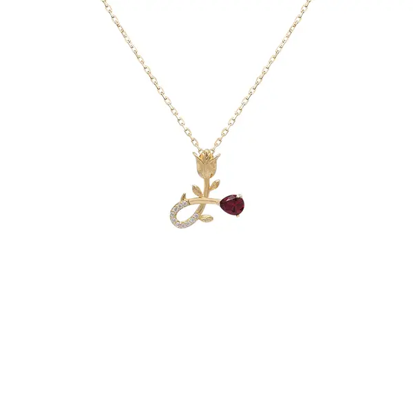 NATURA NECKLACE WITH GOLD FLOWER AND RED PEAR CUT CZ