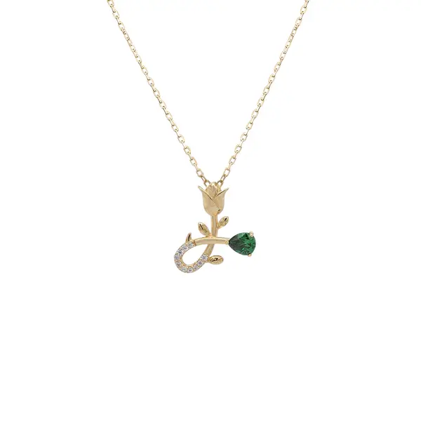 NATURA NECKLACE WITH GOLD FLOWER AND GREEN PEAR CUT CZ
