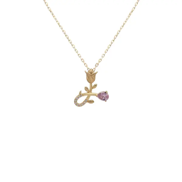 NATURA NECKLACE WITH GOLD FLOWER AND PINK PEAR CUT CZ