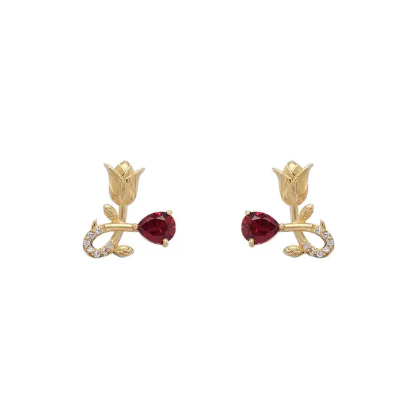 NATURA EARRINGS WITH GOLD FLOWER AND RED PEAR CUT CZ
