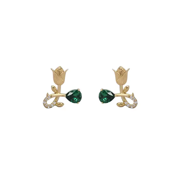 NATURA EARRINGS WITH GOLD FLOWER AND GREEN PEAR CUT CZ