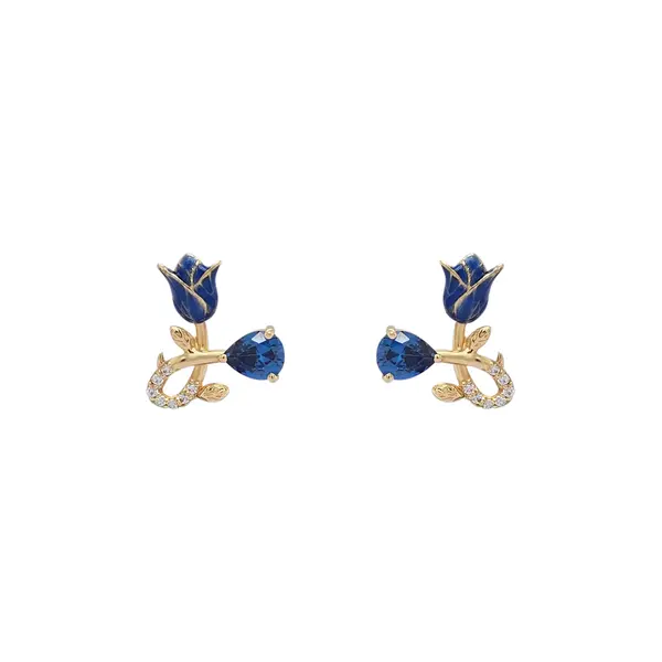 NATURA EARRINGS WITH BLUE ENAMEL FLOWER AND BLUE PEAR CUT CZ