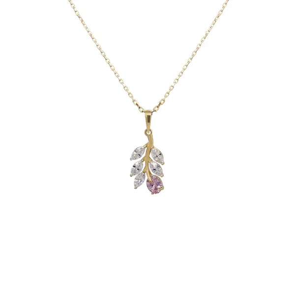 NATURA NECKLACE WITH LEAFY BRANCH WHITE AND PINK STONE PENDANT