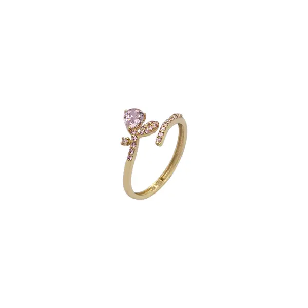 NATURA RING LEAFY BRANCH WITH ONE PEAR-SHAPED AND TINY PINK STONES