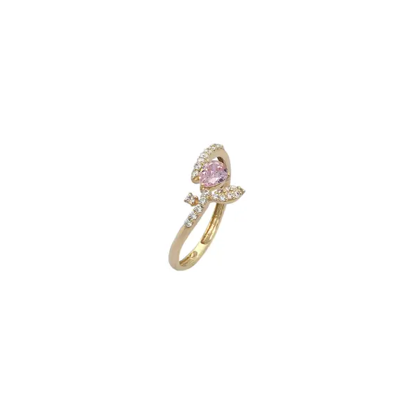 NATURA RING LEAFY BRANCH WITH ONE PINK PEAR-SHAPED AND TINY WHITE STONES