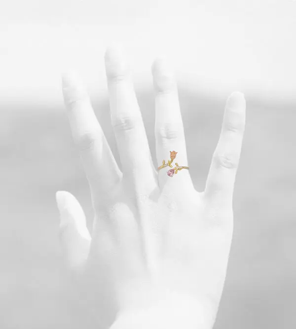 NATURA RING WITH PINK ENAMEL FLOWER AND PINK PEAR CUT CZ