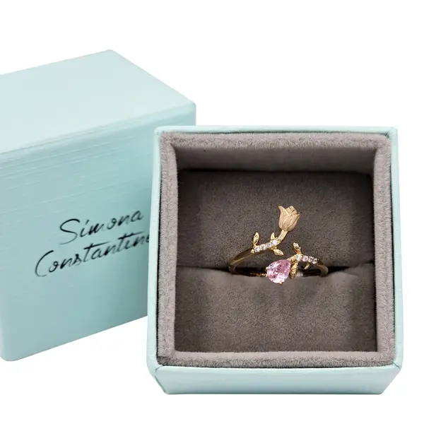 NATURA RING WITH PINK ENAMEL FLOWER AND PINK PEAR CUT CZ