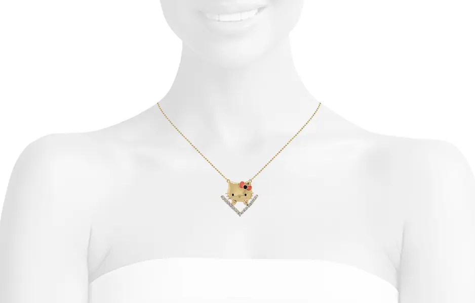 HELLO KITTY FACE NECKLACE ON V STONE BASE WITH RED AND BLACK BOW
