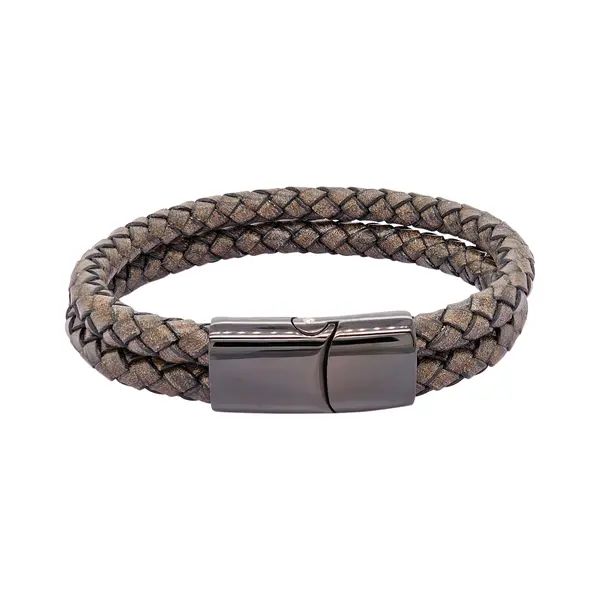 GENT'S LEATHER STRAP BROWN 2 LINE BRACELET WITH DIAMOND AND BLACK CLASP