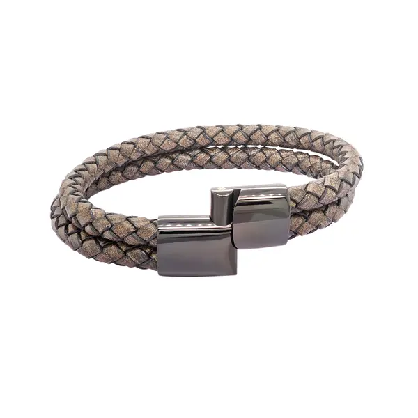 GENT'S LEATHER STRAP BROWN 2 LINE BRACELET WITH DIAMOND AND BLACK CLASP
