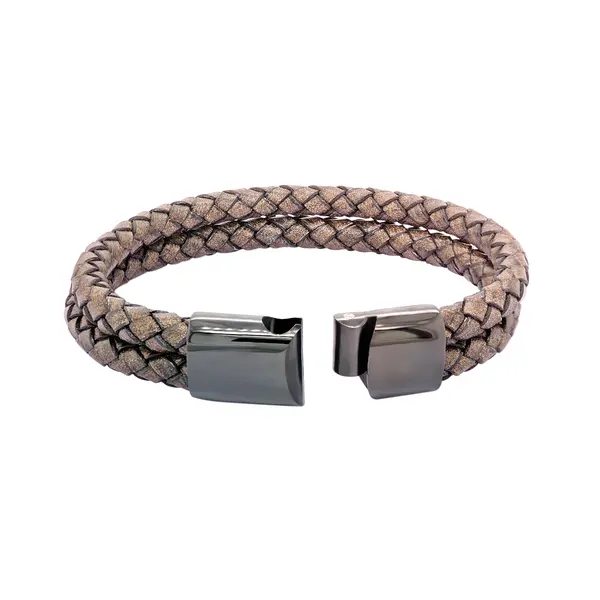 GENT'S LEATHER STRAP BROWN 2 LINE BRACELET WITH DIAMOND AND BLACK CLASP
