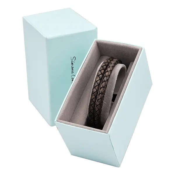 GENT'S LEATHER STRAP BROWN 2 LINE BRACELET WITH DIAMOND AND BLACK CLASP
