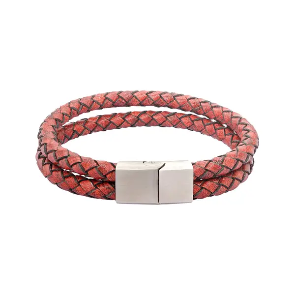 GENT'S LEATHER STRAP RED TWO LINE BRACELET WITH DIAMOND AND STEEL CLASP