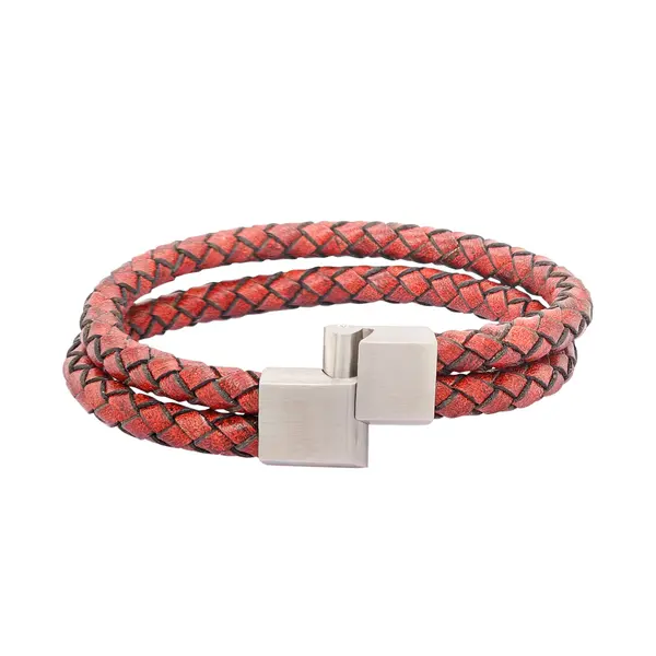GENT'S LEATHER STRAP RED TWO LINE BRACELET WITH DIAMOND AND STEEL CLASP