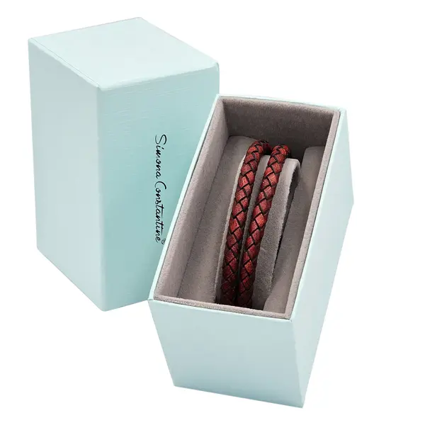 GENT'S LEATHER STRAP RED TWO LINE BRACELET WITH DIAMOND AND STEEL CLASP