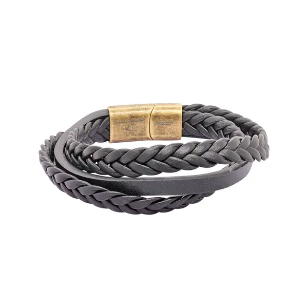GENT'S LEATHER STRAP BLACK 3 LINE BRACELET WITH DIAMOND AND BRONZE CLASP