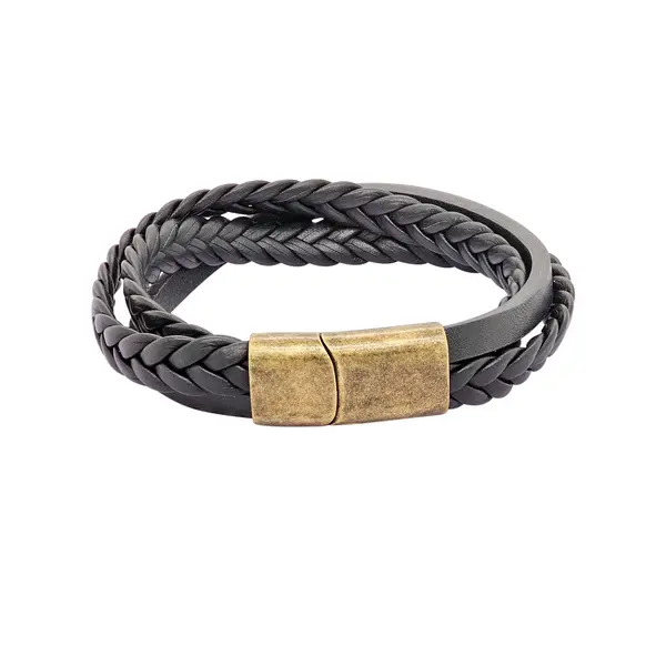 GENT'S LEATHER STRAP BLACK 3 LINE BRACELET WITH DIAMOND AND BRONZE CLASP