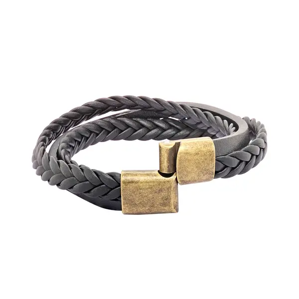 GENT'S LEATHER STRAP BLACK 3 LINE BRACELET WITH DIAMOND AND BRONZE CLASP