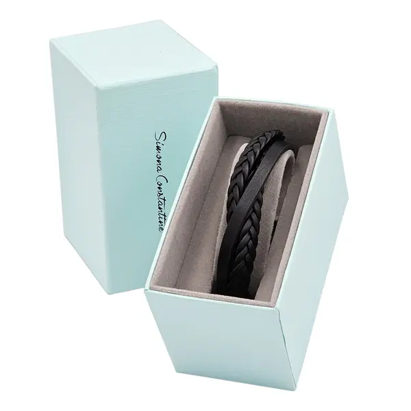 GENT'S LEATHER STRAP BLACK 3 LINE BRACELET WITH DIAMOND AND BRONZE CLASP