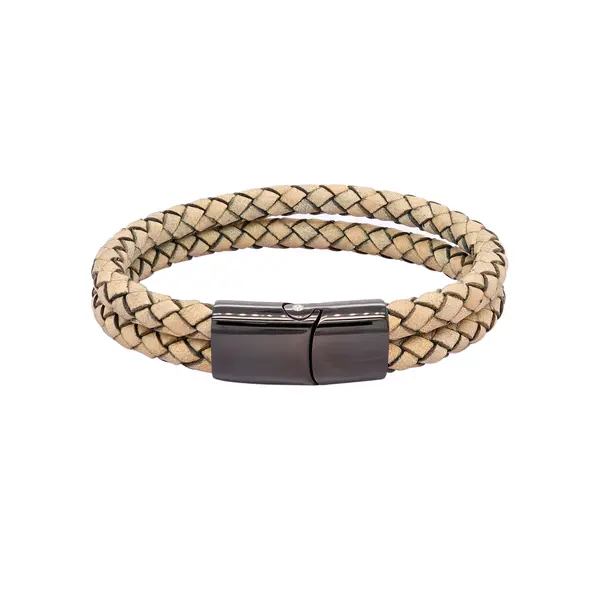 GENT'S LEATHER STRAP BEIGE 2 LINE BRACELET WITH DIAMOND AND BLACK CLASP
