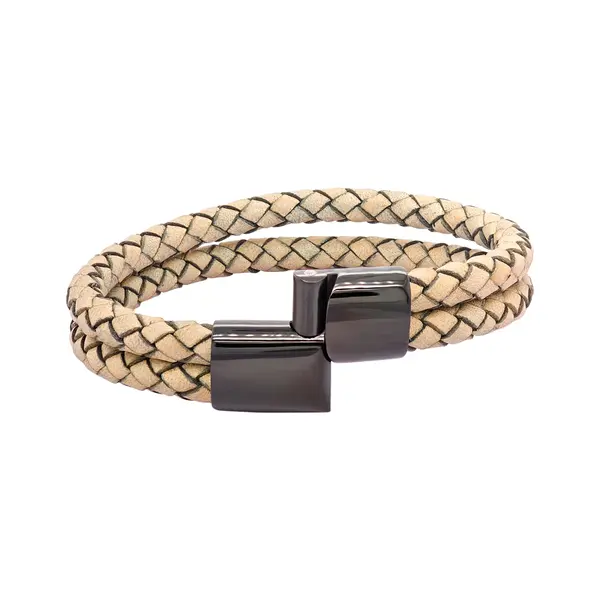 GENT'S LEATHER STRAP BEIGE 2 LINE BRACELET WITH DIAMOND AND BLACK CLASP