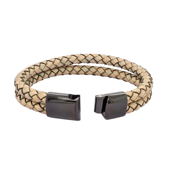 GENT'S LEATHER STRAP BEIGE 2 LINE BRACELET WITH DIAMOND AND BLACK CLASP